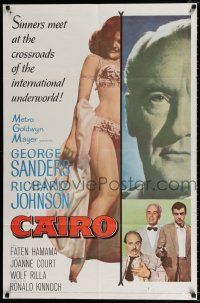 4a130 CAIRO 1sh '63 George Sanders in Egypt, super sexy full-length bellydancer!