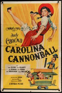 4a146 CAROLINA CANNONBALL 1sh '55 wacky art of Judy Canova on train tracks, sci-fi comedy!