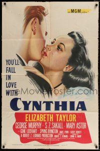 4a217 CYNTHIA 1sh '47 stone litho close up of sexy Elizabeth Taylor kissing Jimmy Lydon!