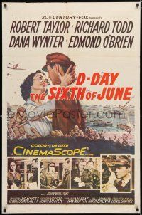 4a231 D-DAY THE SIXTH OF JUNE 1sh '56 art of Robert Taylor & sexy Dana Wynter in WWII!
