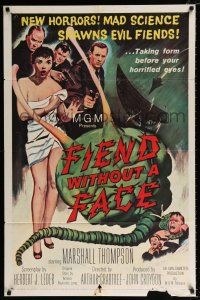 4a301 FIEND WITHOUT A FACE 1sh '58 giant brain & sexy girl in towel, mad science spawns evil!