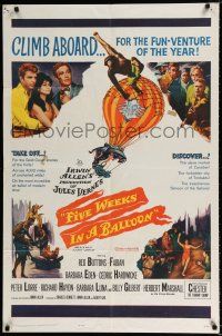 4a308 FIVE WEEKS IN A BALLOON 1sh '62 Jules Verne, Red Buttons, Fabian, Barbara Eden, climb aboard