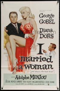 4a420 I MARRIED A WOMAN 1sh '58 artwork of sexiest Diana Dors sitting in George Gobel's lap!