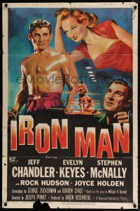 4a440 IRON MAN 1sh '51 art of barechested boxer Jeff Chandler with Evelyn Keyes & in boxing ring!