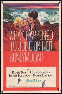 4a460 JULIE 1sh '56 what happened to Doris Day on her honeymoon with Louis Jourdan?