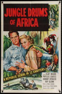 4a462 JUNGLE DRUMS OF AFRICA 1sh '52 Clayton Moore with gun & Phyllis Coates, Republic serial!