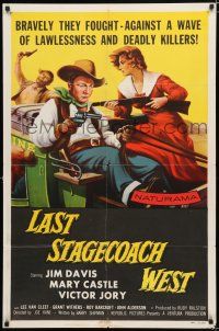 4a486 LAST STAGECOACH WEST 1sh '57 art of Jim Davis & Mary Castle w/guns on runaway stagecoach!