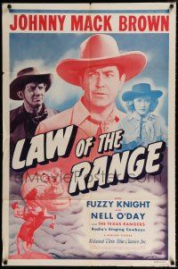 4a489 LAW OF THE RANGE 1sh R48 great close up of Johnny Mack Brown with gun, Fuzzy Knight!