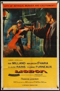 4a501 LISBON 1sh '56 Ray Milland & Maureen O'Hara in the city of intrigue & murder!