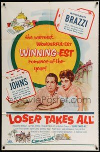 4a507 LOSER TAKES ALL 1sh '57 artwork of Rossano Brazzi, Glynis Johns in nightie!