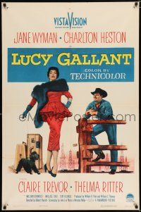 4a515 LUCY GALLANT 1sh '55 art of Jane Wyman, plus full-length kissing Charlton Heston!