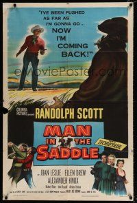 4a527 MAN IN THE SADDLE 1sh '51 cowboy Randolph Scott in western action, Joan Leslie!