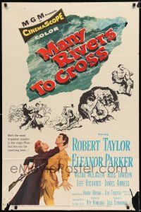 4a538 MANY RIVERS TO CROSS 1sh '55 Robert Taylor is forced to marry at gunpoint by Eleanor Parker!