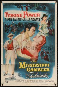 4a566 MISSISSIPPI GAMBLER 1sh '53 Tyrone Power's game is fancy women like Piper Laurie!