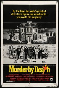 4a576 MURDER BY DEATH 1sh '76 great Charles Addams art of cast by dead body & spooky house!