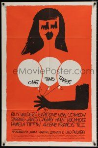 4a622 ONE, TWO, THREE 1sh '62 Billy Wilder, James Cagney, Saul Bass art of girl w/ balloons!