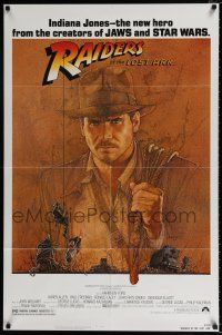 4a687 RAIDERS OF THE LOST ARK 1sh '81 great art of adventurer Harrison Ford by Amsel!