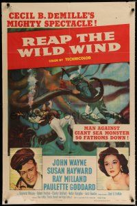 4a691 REAP THE WILD WIND 1sh R54 John Wayne, Susan Hayward, cool scuba diver & octopus art!