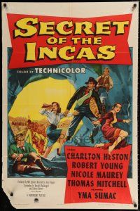 4a753 SECRET OF THE INCAS 1sh '54 art of Charlton Heston in South America, Robert Young!
