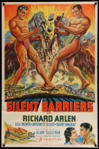 4a774 SILENT BARRIERS style B 1sh '37 great artwork of two giants tearing down mountain, Arlen!