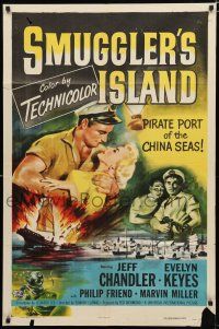 4a785 SMUGGLER'S ISLAND 1sh '51 artwork of manly Jeff Chandler & sexy Evelyn Keyes!