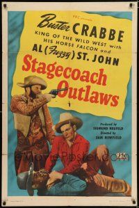 4a816 STAGECOACH OUTLAWS 1sh '45 Buster Crabbechoking bad guy & Fuzzy St. John with gun!
