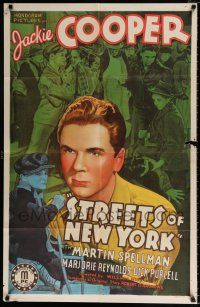 4a839 STREETS OF NEW YORK 1sh '39 wonderful close up artwork of serious Jackie Cooper!