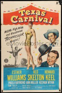 4a869 TEXAS CARNIVAL 1sh '51 Red Skelton, art of sexy Esther Williams in skimpy outfit at fair!
