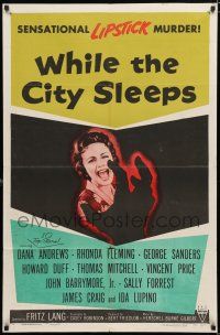 4a966 WHILE THE CITY SLEEPS style A 1sh '56 great image of Lipstick Killer's victim, Fritz Lang!