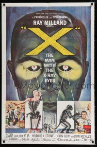 4a982 X: THE MAN WITH THE X-RAY EYES 1sh '63 Ray Milland strips souls & bodies, cool sci-fi art!