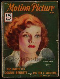 4b215 MOTION PICTURE magazine March 1933 art of Katharine Hepburn by Marland Stone, 42nd Street!