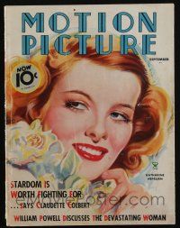 4b216 MOTION PICTURE magazine September 1935 great cover art of Katharine Hepburn, the true Garbo!