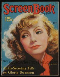 4b235 SCREEN BOOK magazine February 1932 art of Greta Garbo by Martha Sawyers, Gloria Swanson!