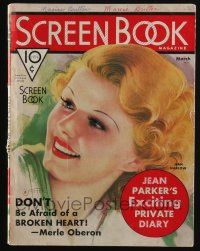 4b247 SCREEN BOOK magazine March 1936 art of Jean Harlow by Zoe Mozert, Myrna Loy's mystery!