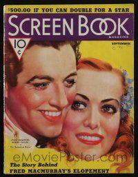 4b251 SCREEN BOOK magazine September 1936 art of Joan Crawford & Robert Taylor, headstrong Hepburn!