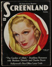 4b282 SCREENLAND magazine October 1936 art of Marlene Dietrich by Marland Stone, Garden of Allah!