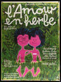 4c540 BONJOUR AMOUR French 1p '77 wacky artwork of naked teen couple, L'Amour en herbe!!