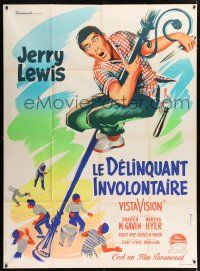 4c589 DELICATE DELINQUENT French 1p '57 Grinsson art of teen Jerry Lewis hanging from light post!
