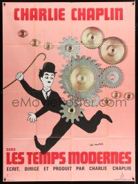 4c808 MODERN TIMES French 1p R70s Leo Kouper art of Charlie Chaplin running by real gears!