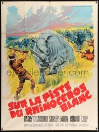 4c881 RHINO French 1p '64 different Roger Soubie art of rhinos stampeding toward big game hunters!