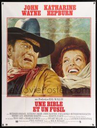 4c887 ROOSTER COGBURN French 1p '75 great art of John Wayne with eyepatch & Katharine Hepburn!
