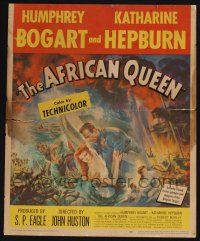 4c237 AFRICAN QUEEN WC '52 colorful montage artwork of Humphrey Bogart & Katharine Hepburn!
