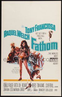 4c305 FATHOM WC '67 art of sexy nearly-naked Raquel Welch in parachute harness & action scenes!