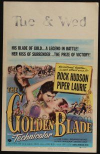 4c315 GOLDEN BLADE WC '53 romantic art of Rock Hudson kissing sexy Piper Laurie!