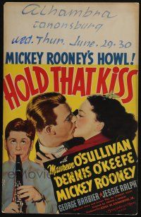 4c329 HOLD THAT KISS WC '38 Mickey Rooney plays clarinet, Maureen O'Sullivan kisses Dennis O'Keefe