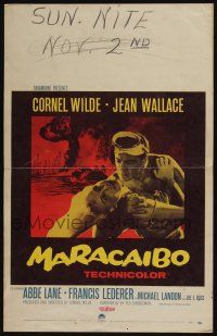 4c362 MARACAIBO WC '58 romantic artwork of Cornel Wilde & Jean Wallace in front of explosion!