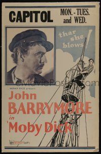4c373 MOBY DICK linen WC '30 photo of John Barrymore as Capt Ahab & art of him in crow's nest!