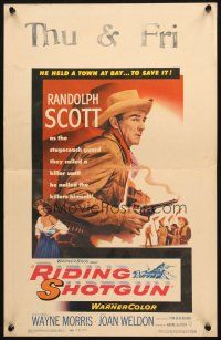 4c411 RIDING SHOTGUN WC '54 great image of cowboy Randolph Scott with smoking gun!