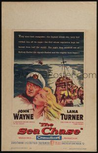 4c422 SEA CHASE WC '55 great artwork of sailor John Wayne & sexy Lana Turner, World War II!