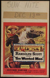 4c462 TEN WANTED MEN WC '54 cool artwork of cowboy Randolph Scott with smoking gun on horse!